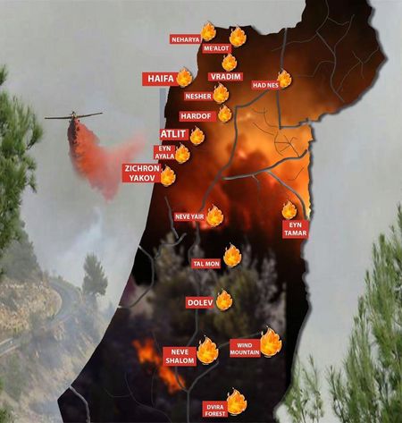 Mapa de los fuegos en Israel