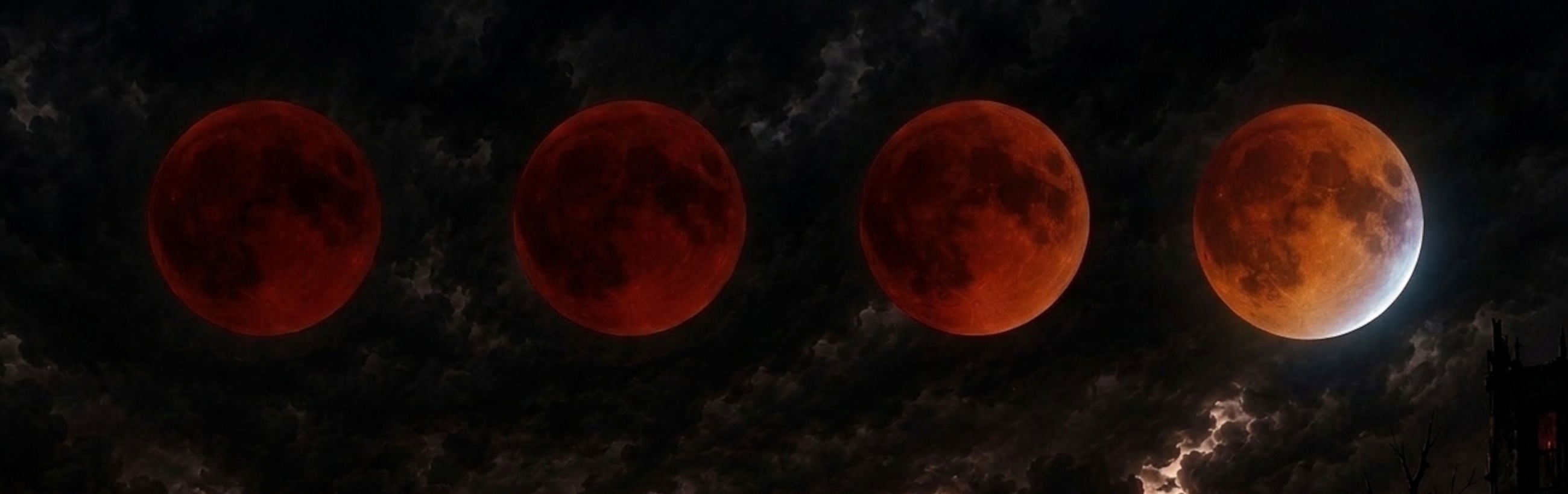 A sequence of four circular images of the Moon, depicted in various shades of red to orange. The Moon appears larger and brighter to the right, transitioning through darker hues towards the left. The background features dark, cloud-filled skies.