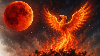 A fiery phoenix rises from a pile of dark rocks against a dramatic background. A large, red moon hangs in the sky, illuminating the scene with a sense of mystique.