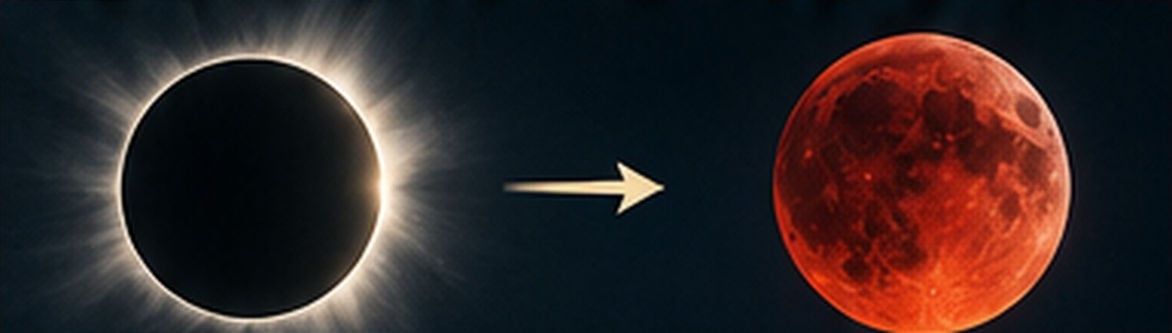 An image showing a progression from a solar eclipse on the left, where the sun is obscured by the moon, to a red-colored full moon on the right. An arrow indicates the transition between the two celestial events.