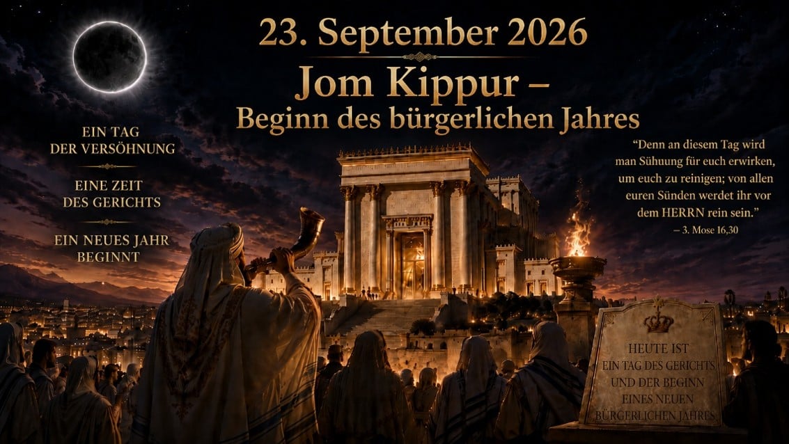 Eine festliche Szenerie, die den Beginn von Jom Kippur am 23. September 2026 darstellt. Im Vordergrund stehen Menschen in traditionellen Gew&auml;ndern, die auf den Tempel schauen, der majest&auml;tisch in der D&auml;mmerung leuchtet. Am Himmel befindet sich eine teilweise bedeckte Sonne, w&auml;hrend wichtige Texte und biblische Zitate &uuml;ber dem Bild verteilt sind. Die Atmosph&auml;re ist feierlich und symbolisiert Vers&ouml;hnung und Neubeginn.