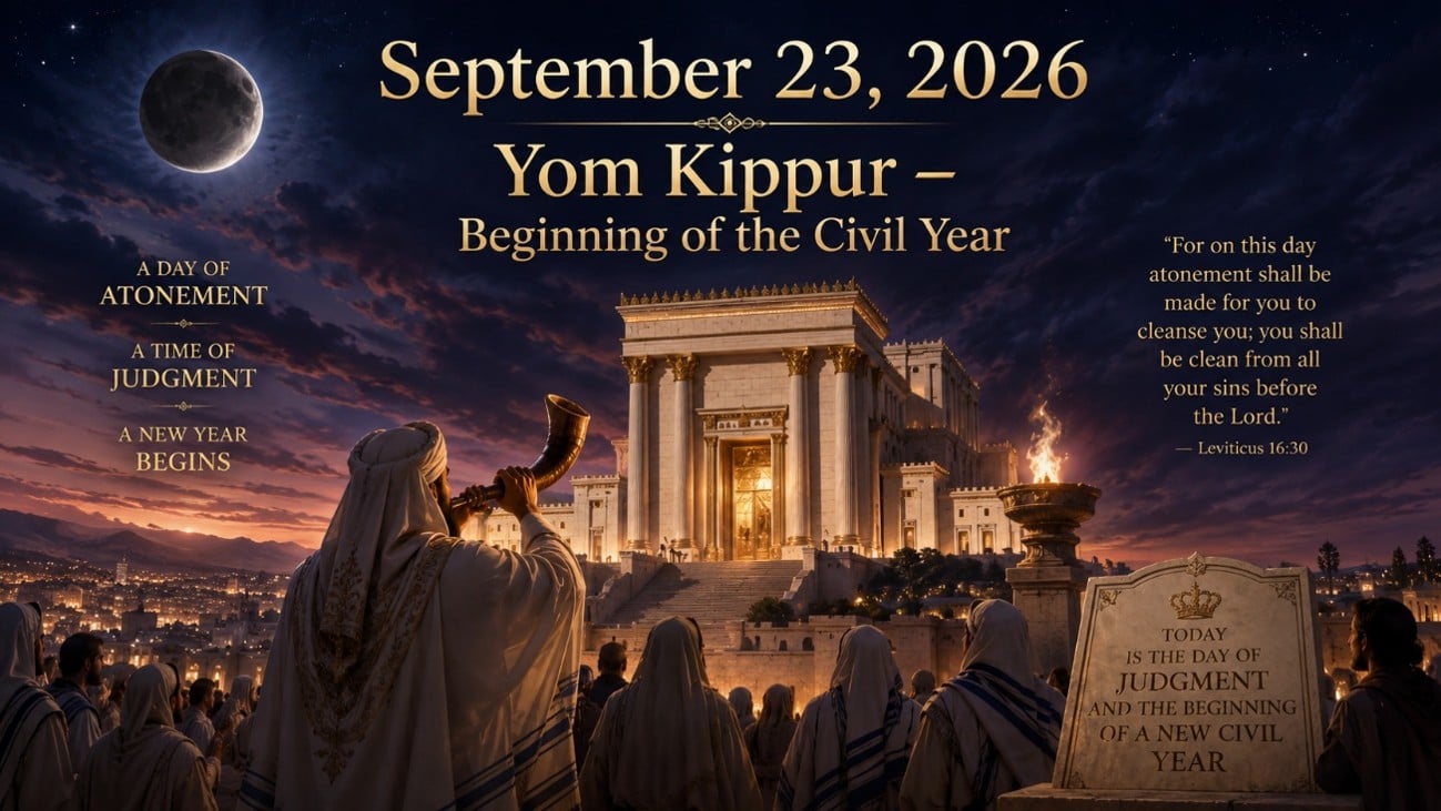 A scene depicting a celebration on September 23, 2026, marking Yom Kippur and the beginning of the civil year. The image features a historic temple in the background, illuminated against a night sky with a crescent moon. A figure plays a shofar, surrounded by people dressed in ceremonial attire, reflecting a solemn atmosphere of atonement and reflection. Text overlays include a biblical quote from Leviticus 16:30 and descriptions of the day's significance.