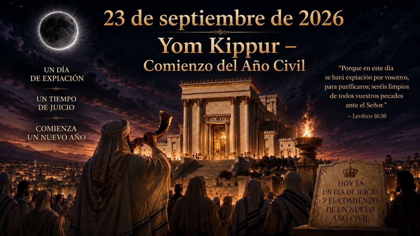 Imagen que presenta una ceremonia religiosa durante Yom Kipur, con un grupo de personas vestidas con t&uacute;nicas que sostienen un cuerno ceremonial. Al fondo se observa un templo iluminado con un cielo al atardecer. El texto destaca la importancia de este d&iacute;a como un tiempo de expiaci&oacute;n y el inicio del nuevo a&ntilde;o civil, citando Lev&iacute;tico 16:30.