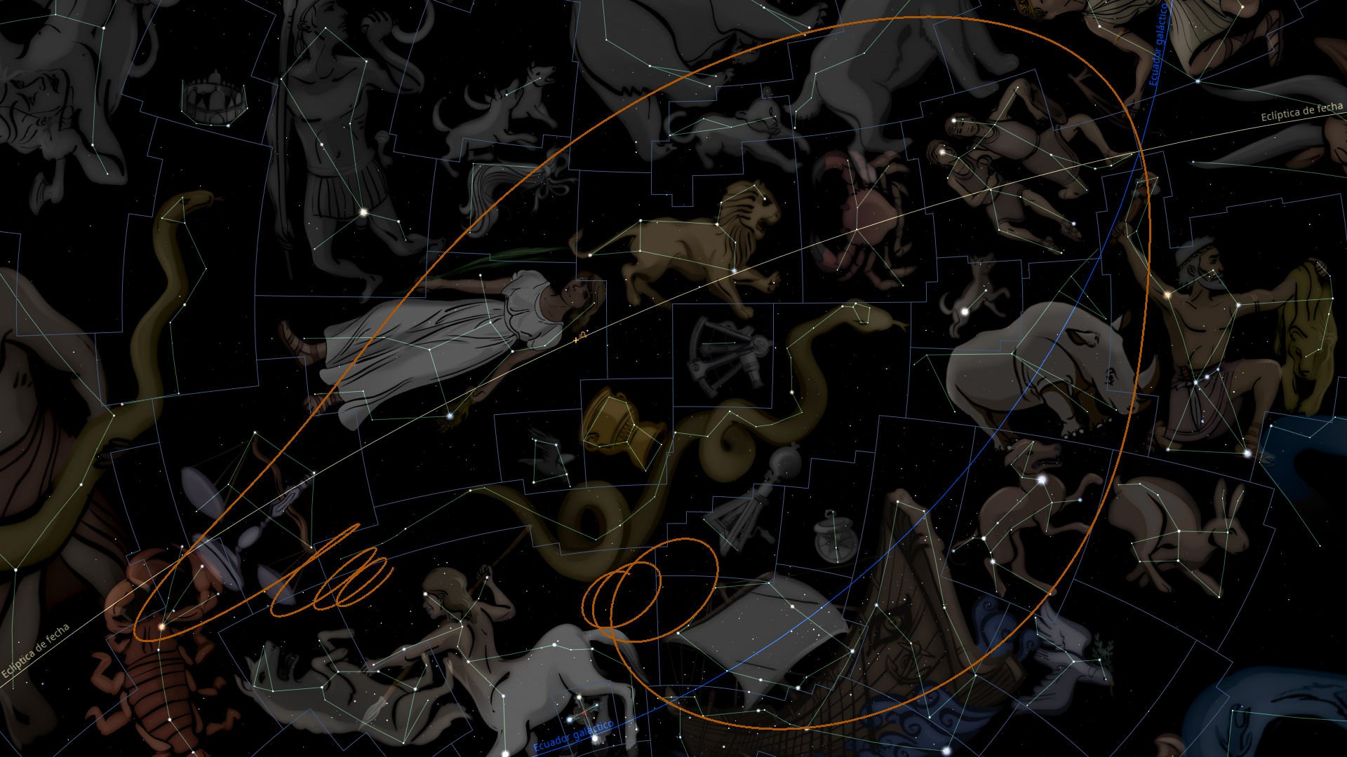 Ilustración artística de las constelaciones en el firmamento nocturno, mostrando diversas figuras humanas y animales interconectadas por líneas, ubicadas dentro de áreas delimitadas, sobre un fondo estrellado oscuro. Se observan líneas anaranjadas que representan la eclíptica y el ecuador celeste.