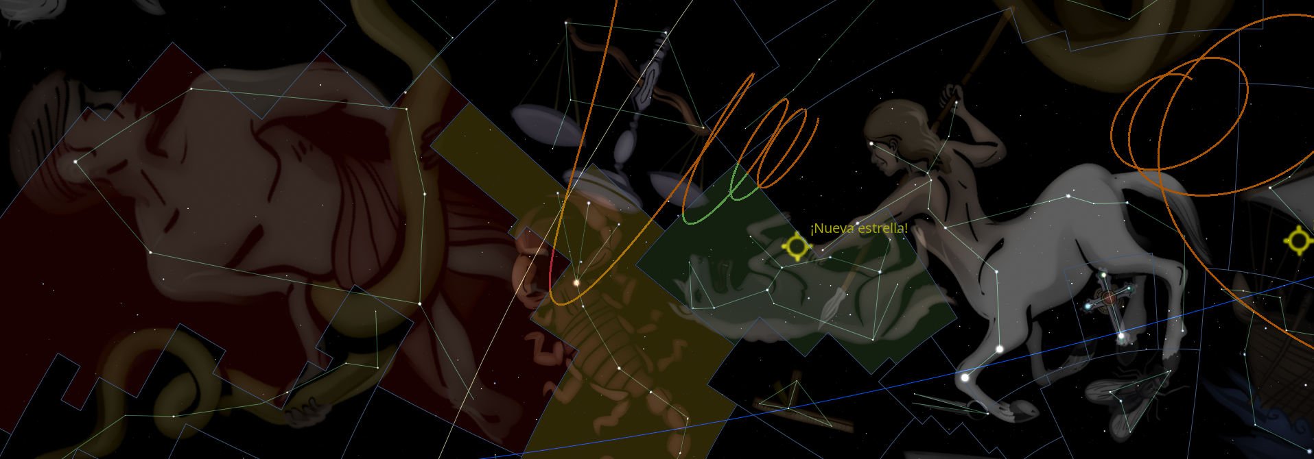 Ilustración compleja mostrando una sucesión de figuras antropomorfas distribuidas en un fondo oscuro estrellado, conectadas mediante líneas geométricas que forman constelaciones. Algunas de estas figuras representan humanos y otras tienen formas de animales como caballos y peces. Un texto resalta, diciendo "¡Nueva estrella!".