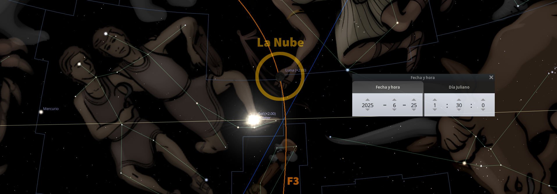 Imagen de un mapa estelar nocturno que muestra varios cuerpos celestes, como Mercurio, el Sol y Júpiter, interconectados por líneas que forman figuras de las constelaciones en la Mazzaroth. Se destaca la presencia de una configuración denominada "La Nube" cerca de un círculo amarillo que rodea a la Luna. También se muestra una interfaz de usuario con ajustes de fecha y hora.