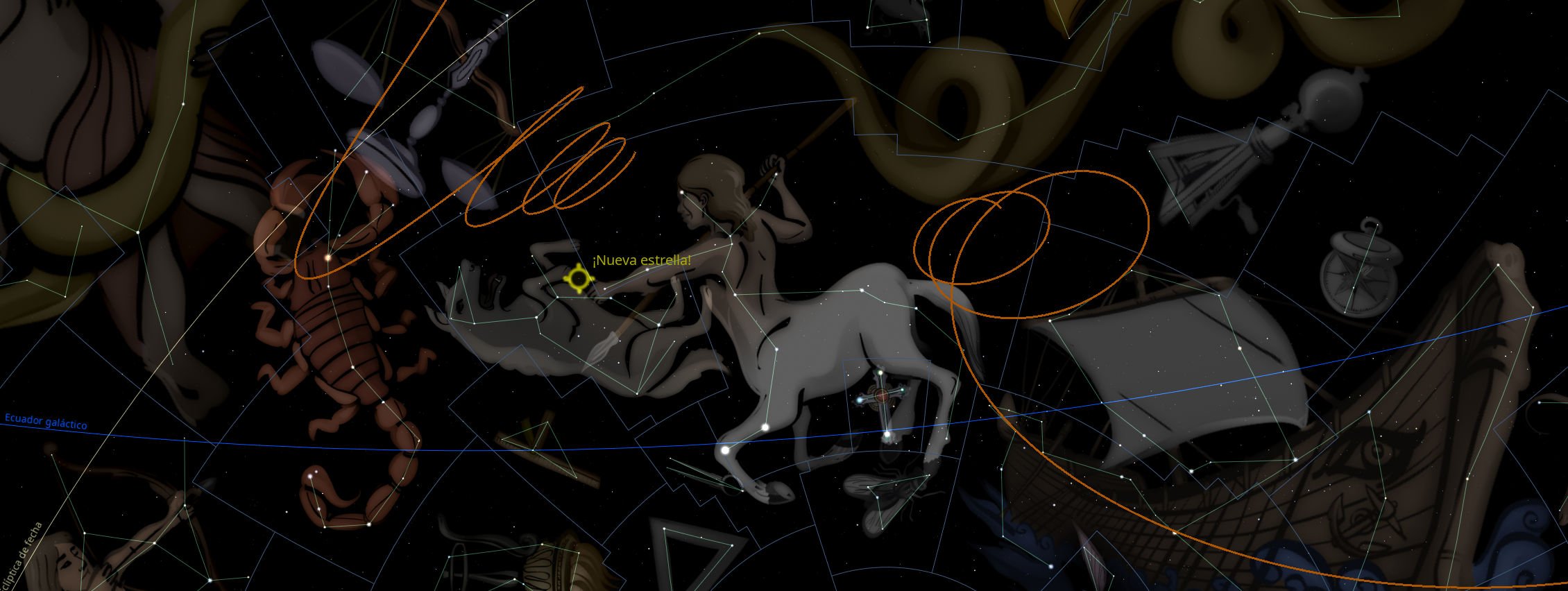 Imagen digital que representa diversas constelaciones y fenómenos astronómicos sobre un fondo oscuro estrellado. Se observan figuras estilizadas que representan constelaciones tradicionales conectadas por líneas, algunas formando formas humanas y animales, junto con símbolos como una brújula y anillo orbital naranja. Texto visible dice "¡Nueva estrella!" en referencia a un descubrimiento astronómico.