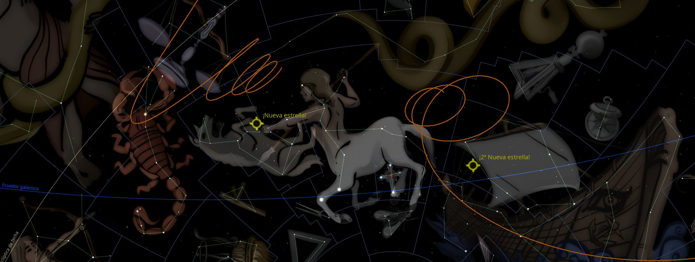 Ilustración digital de figuras mitológicas y constelaciones en un fondo espacial oscuro, intercaladas con líneas y formas geométricas que representan coordenadas celestes y trayectorias estelares. Se observan marcas indicando la aparición de nuevas estrellas y términos como "ecuador galáctico" y "trópico celeste".