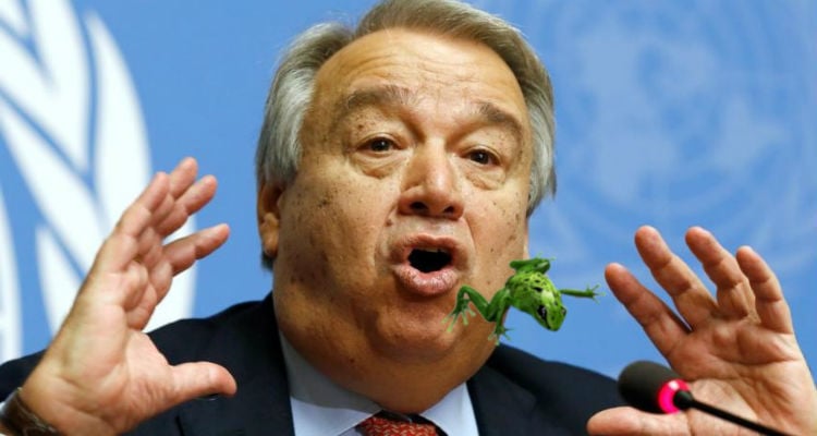 Antonio Guterres de la ONU con un espíritu inmundo como una rana.