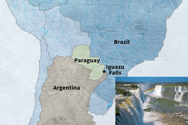 A composite image featuring a map and a photograph. The map details parts of South America, highlighting Brazil, Paraguay, Argentina, and the location of Iguazu Falls. The photograph on the right shows Iguazu Falls with mist rising from the cascading water.