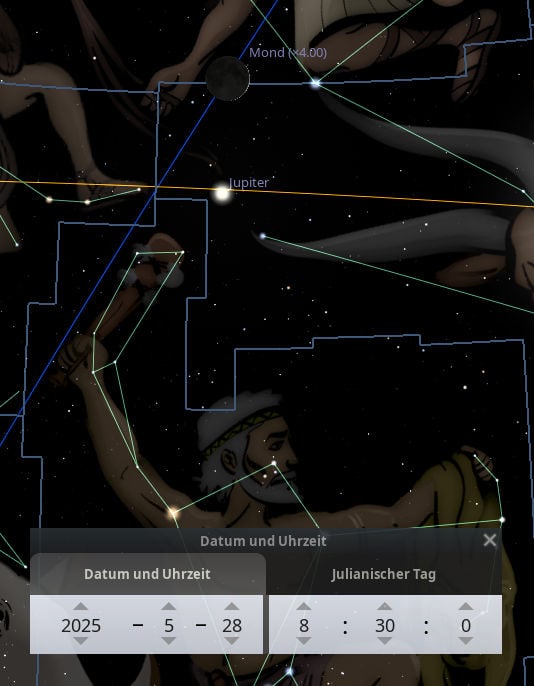 Illustration eines Himmelsausschnitts mit Sternen, Mond, Jupiter und Figuren aus dem Mazzaroth in dunklen Umrissen, die verschiedene Bereiche des Nachthimmels kennzeichnen. Ein Informationspanel zeigt Datum und Uhrzeit an: "2025 – 5 – 28, Julianischer Tag bei 8:30 Uhr".