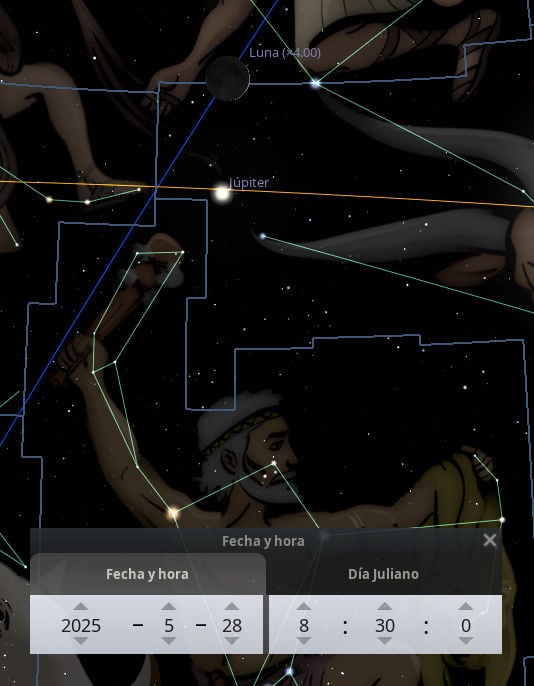 Imagen de una representación visual del firmamento nocturno con un mapa estelar superpuesto que muestra la ubicación de la Luna y Júpiter alineados con patrones celestiales ilustrativos que simulan figuras humanas. Un menú en la parte inferior muestra fecha y hora específicas.