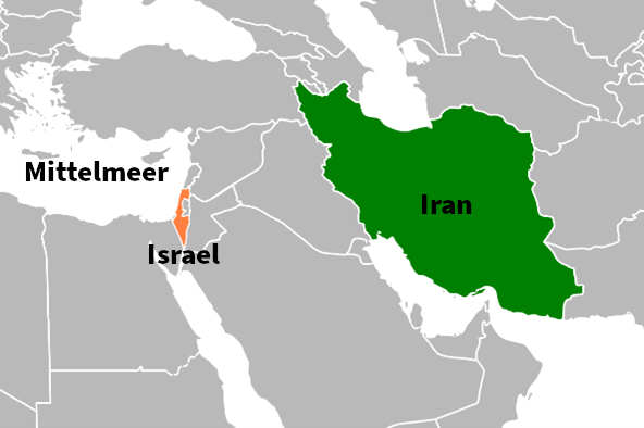 Karte des Mittleren Ostens mit hervorgehobenen Ländern Israel in Orange und Iran in Grün, angrenzend an das Mittelmeer im links.