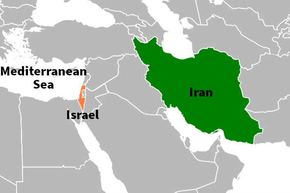 A simplified map showing the location of Iran and Israel in the Middle East. Iran is marked in green and located east of Israel, which is highlighted in orange along the Mediterranean Sea.