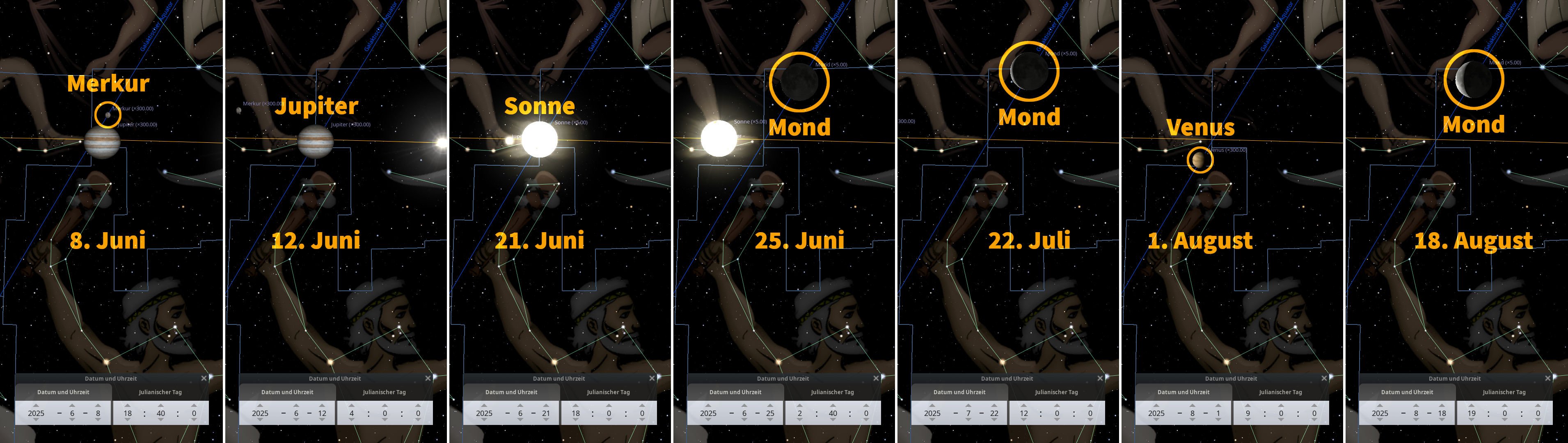 Eine Sequenz von Bildern zeigt Himmelsbahnen wichtiger Himmelskörper wie Merkur, Jupiter, die Sonne, den Mond und die Venus, die vor einem Sternenhimmel und über einem schemenhaft dargestellten Astronomen positioniert sind, sowie ihre Zusammenkünfte im Jahr 2025, eingebettet in himmlische Koordinatenlinien und Datumsangaben.