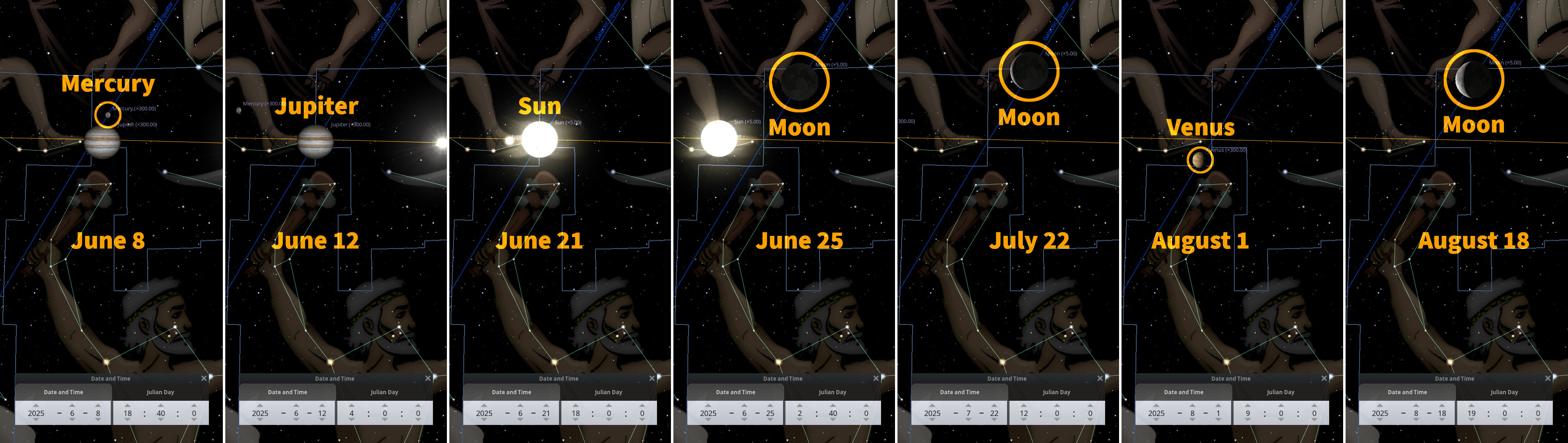 A series of eight panels depicting celestial events across eight different dates in 2025. Each panel shows an overlay of astronomical data, pinpointing the positions of Mercury, Jupiter, the Sun, the Moon, and Venus in relation to an outlined constellation figure reminiscent of those from Mazzaroth. Specific astronomical details and Julian days are indicated in modern graphical annotations.