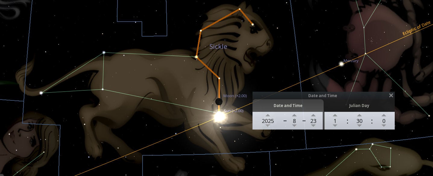 An astronomical illustration depicting the constellations visible in the night sky with detailed annotation. A prominent lion-like figure, often referenced within Mazzaroth studies, occupies the central space marked by the designation "Sickle." Celestial bodies, including a highlighted moon and sun near the lion's heart, are shown relative to a star-map overlay. A pop-up window lists a specific date and time in calendar format with celestial coordinates.