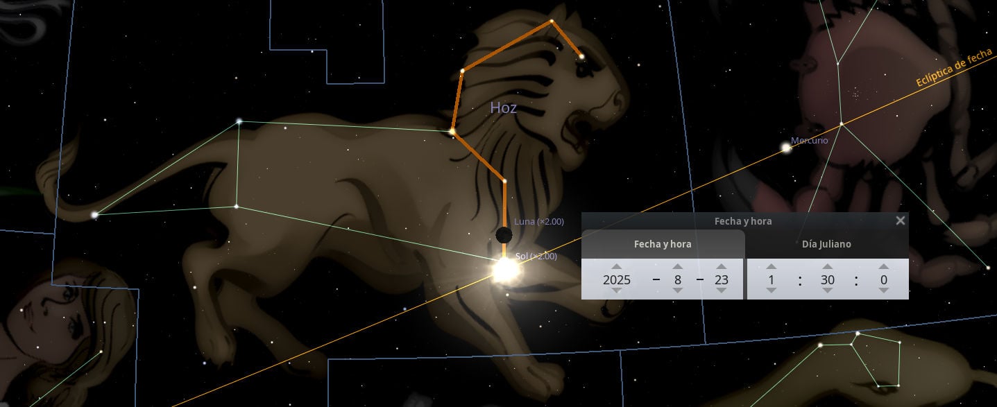 Ilustración digital de un león rampante rodeado por líneas que conectan estrellas en el cielo nocturno, representando una constelación de la Mazzaroth. En la imagen también aparecen íconos de la Luna y el Sol alineados con la estrella, y una ventana emergente con información de fecha y hora mostrando el año 2025.
