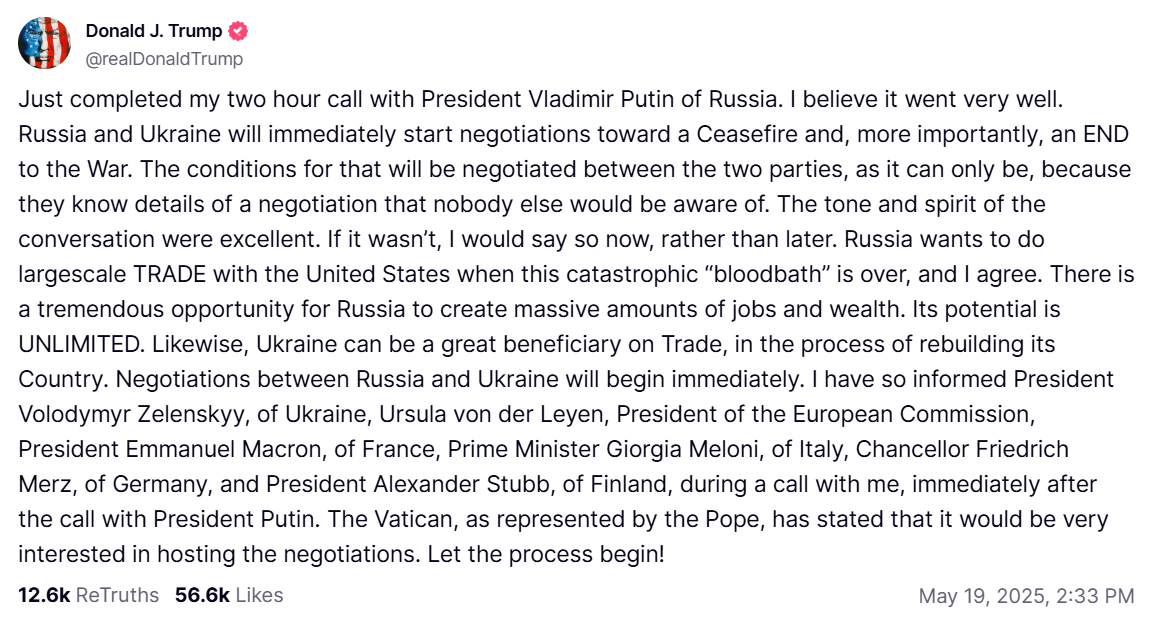 A screenshot of a tweet by Donald J. Trump where he discusses a recent phone call with Vladimir Putin. He expresses optimism about initiating peace talks and resolving conflicts between Russia and Ukraine. The tweet mentions involvement from several global leaders and indicates the Vatican's interest in hosting negotiations.