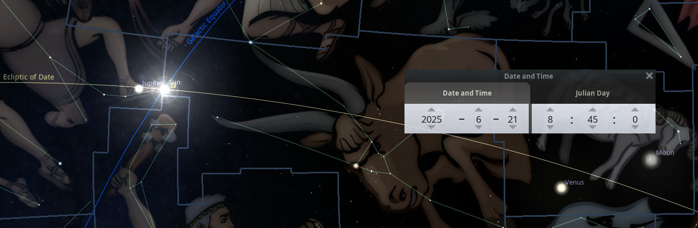 A detailed astronomical digital illustration showing various celestial bodies including the Sun, Jupiter, Venus, and the Moon positioned in the night sky amid classical depictions of figures. Included graphics also show the ecliptic and celestial equator, and lines marking constellations of the Mazzaroth. The overlay includes a popup with date and time settings indicating June 21, 2025, at 8:45:00.