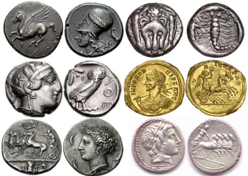 Antiguas monedas griegas y romanas
