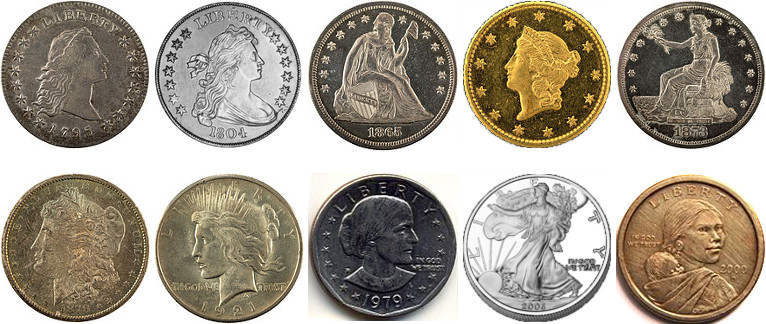 La cara de la moneda de un dólar a través de los años.