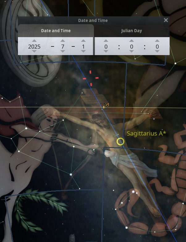 A digital astronomical illustration showing a constellation from the Mazzaroth resembling an archer, superimposed with interactive software elements displaying the date and time set to July 1, 2025. Blue grid lines and labels including celestial points of interest contribute to the detailed cosmic map, with annotations and symbols specifically pointing out a prominent constellation in the celestial sphere.