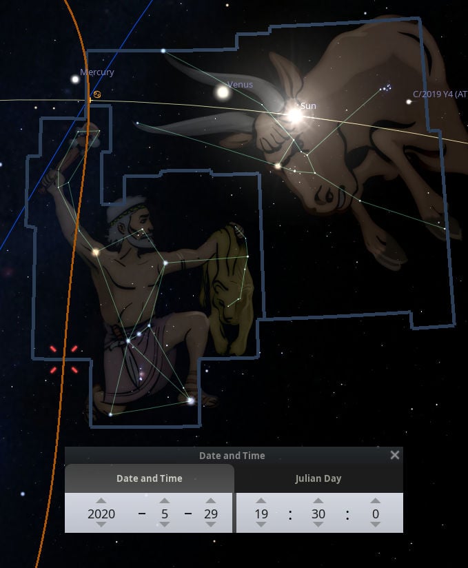 An illustrated celestial map featuring a depiction of a constellation resembling a figure pouring from a jar, positioned near the celestial objects Mercury, Venus, and the Sun. A white, outlined path representing the ecliptic crosses the image, highlighted by several constellations outlined in polygonal shapes. Notable is the comet labeled "C/2019 Y4 (ATLAS)" near the top right. An interface at the bottom displays the date and time for May 29, 2020, at 19:30.