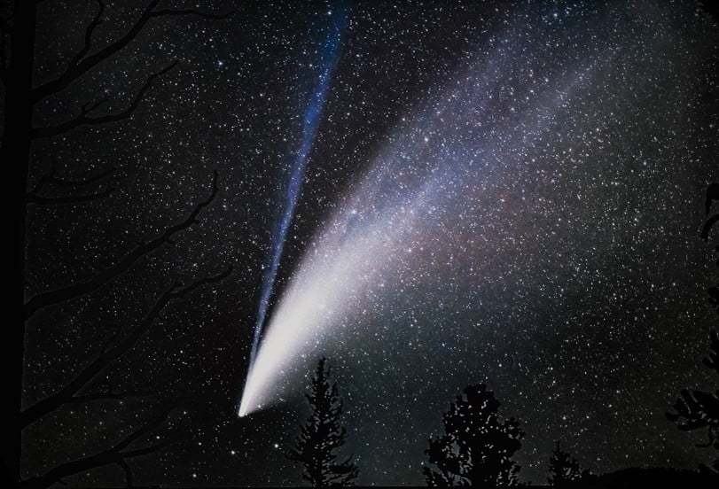 A spectacular nocturnal scene featuring a brightly shining comet with a prominent tail crossing a star-studded sky, visible amidst silhouetted trees. A cosmic beam traverses the night, adding a mystical touch to the celestial tableau.