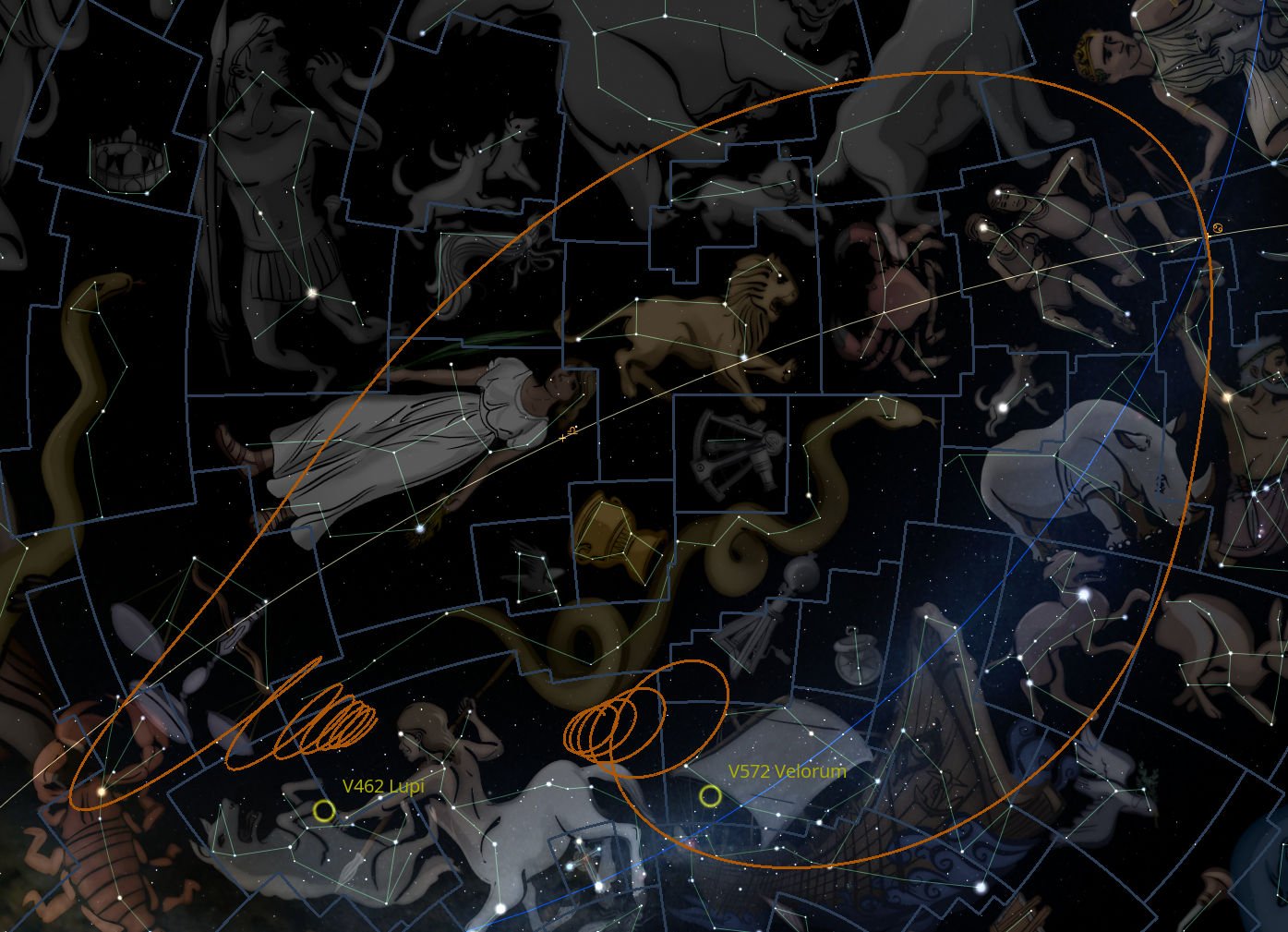 Illustration of a dark sky filled with various celestial constellations, including figures such as a lion and a warrior, interconnected by glowing lines. Some of the notable star names like V462 Lupi and V572 Velorum are marked. Orange lines depict orbital paths within the array of the Mazzaroth.