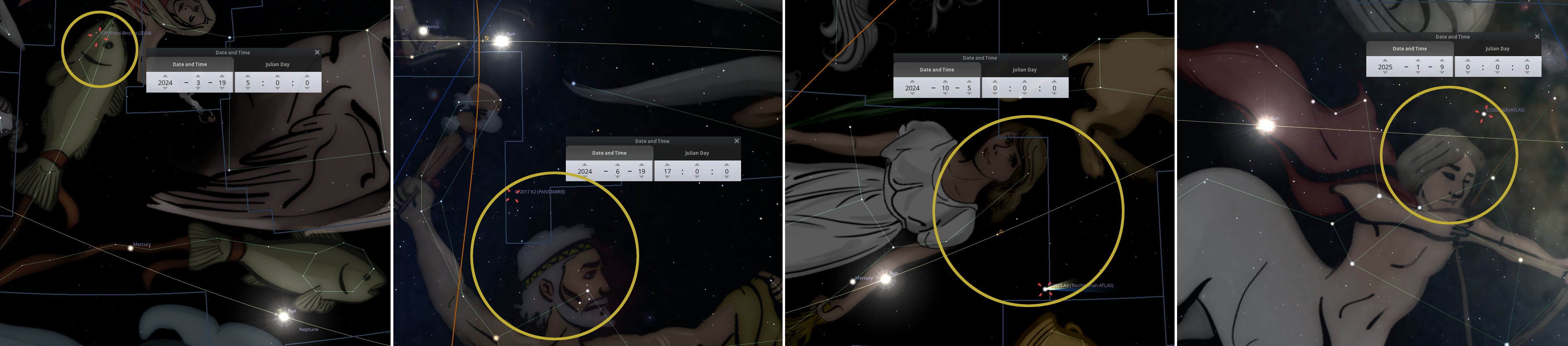 A panoramic digital illustration depicting various classical figures positioned against a starry night sky, enhanced with lines illustrating constellations and overlaid technical data about dates and celestial positions. Each figure is encircled, highlighting their association with corresponding celestial entities.