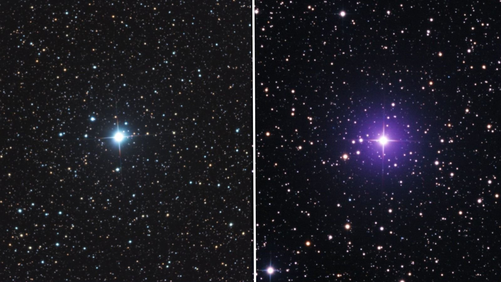 Two side-by-side images depicting the vastness of the universe. The left image features a bright star centrally located with a luminous spike cross, surrounded by a multitude of smaller, faint stars against a dark, cosmic background. The right image mirroring the left shows a similarly luminous star with a radiant cross spike, surrounded by an array of stars in shades of white and pink, all set upon the deep black of space.