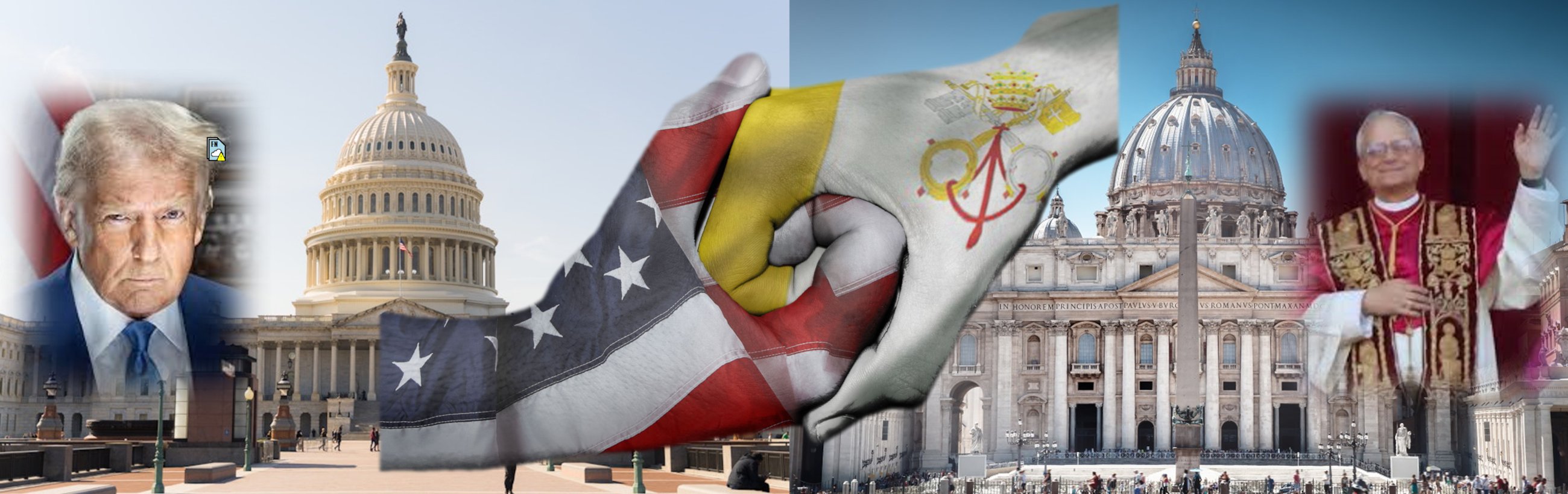 Ein breites Panoramabild mit einer Collage verschiedener Symbole globaler Führung und Autorität. Von links nach rechts verschmilzt das Porträt eines älteren Mannes mit einer amerikanischen Flagge mit einer Szene des US-Kapitols, darüber sind Hände zu einem gemeinsamen Händedruck gefaltet, umhüllt von den Flaggen der USA und eines anderen Landes. Es geht über in ein antikes Vatikan-Emblem, das eine Ansicht des Petersdoms in der Vatikanstadt überlagert, und endet mit dem Bild eines winkenden religiösen Führers in zeremonieller Kleidung.