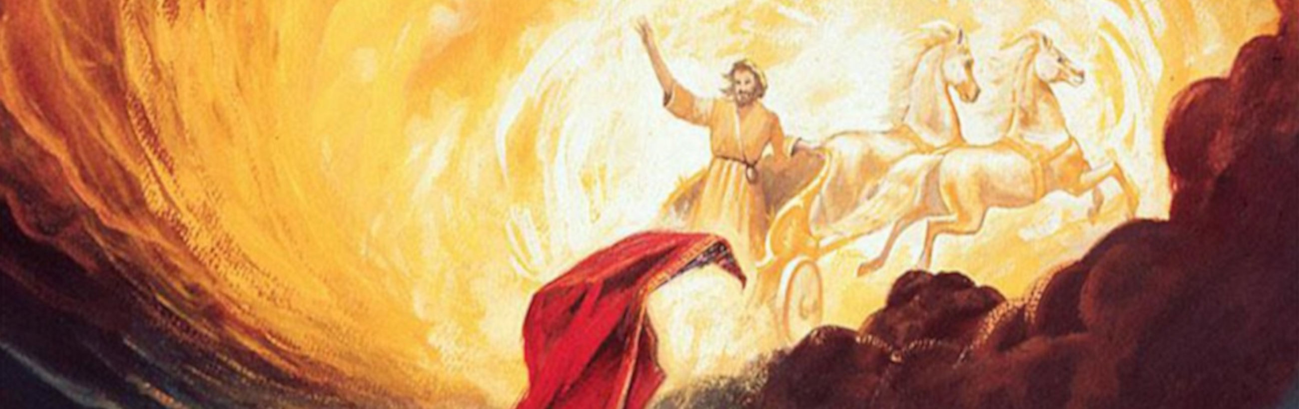 A vibrant artistic depiction of a celestial event featuring a man in ancient robes, gesturing skyward and riding in a chariot pulled by two white horses. The background is intensely illuminated, suggesting a large, radiating light source, evoking a sense of awe and majesty. The scene conveys themes of inspiration and guidance, possibly pointing towards guidance from the heavens.