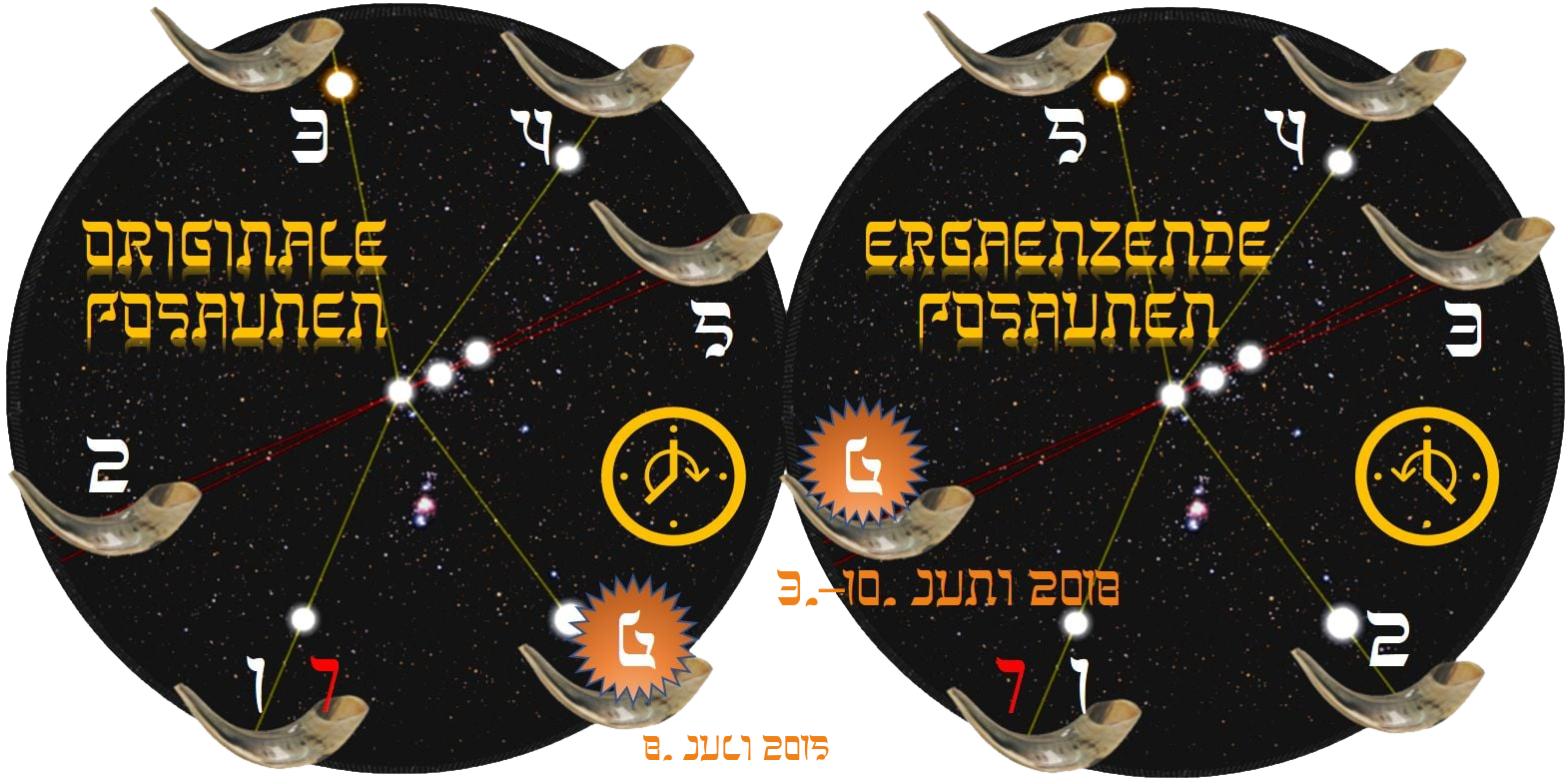 Zwei kreisf&ouml;rmige Darstellungen mit astern&auml;hnlichem Hintergrund. Auf der linken Seite steht &ldquo;ORIGINALE POSAUNEN&rdquo; in goldener Schrift, w&auml;hrend auf der rechten Seite &ldquo;ERG&Auml;NZENDE POSAUNEN&rdquo; geschrieben steht. Es sind Zahlen von 1 bis 5 sowie eine 17 zu sehen, erg&auml;nzt durch Pfeile und Symbole, die m&ouml;glicherweise auf astronomische Konzepte hinweisen. Am unteren Rand befinden sich Datenangaben und abgebildete Schofarh&ouml;rner.