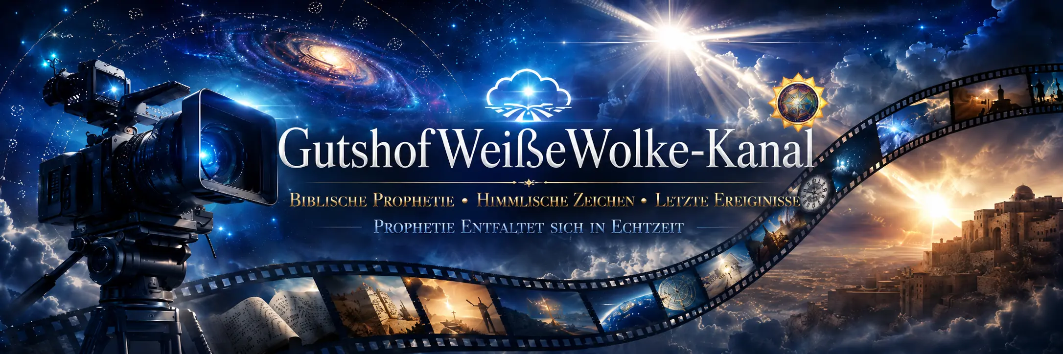 Eine künstlerische Darstellung mit einem Videokamera-Stativ im Vordergrund, das auf eine bewegte Himmelskulisse aus Galaxien und Wolken ausgerichtet ist. Im Hintergrund sind religiöse und astronomische Symbole zu sehen, sowie ein Filmstreifen mit Bildern, die biblische Prophezeiungen und himmlische Zeichen darstellen. Im oberen Bereich steht der Text “Gutshof Weiß Wolke-Kanal” mit den Untertiteln “Biblische Prophezeihe • Himmlische Zeichen • Letzte Ereignisse”.