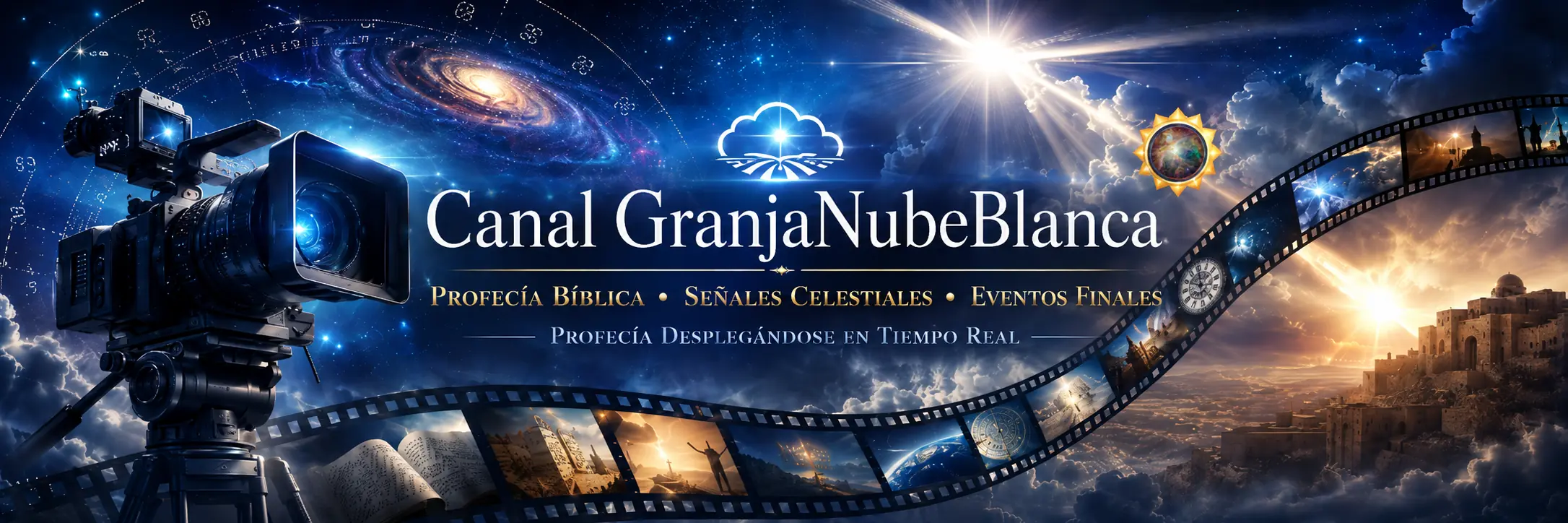 Imagen de un fondo celestial que incluye una galaxia, nubes y un horizonte iluminado por el sol. En primer plano, hay una cámara de video sobre un trípode filmando un paisaje dramático. En la parte superior, aparece el texto “Canal GranjaNubeBlanca” acompañado de símbolos que sugieren situaciones astronómicas y profecías.