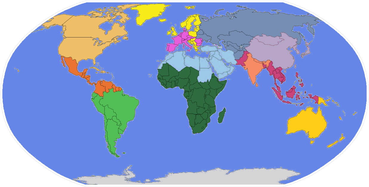 Un mapamundi que resalta varias regiones con diferentes colores. Am&eacute;rica se muestra en tonos naranja, rojo y verde; Europa se representa en tonos rosa y azul; &Aacute;frica se muestra en verde oscuro y azul claro; Asia se muestra en varios tonos de p&uacute;rpura y rosa; y Ocean&iacute;a est&aacute; coloreada de amarillo.